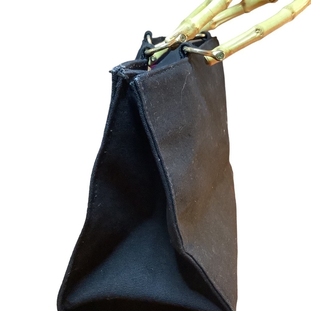 Beach Black Purse Embroidered Bamboo Handle Ocean Vacation Vintage Wood - Picture 5 of 9